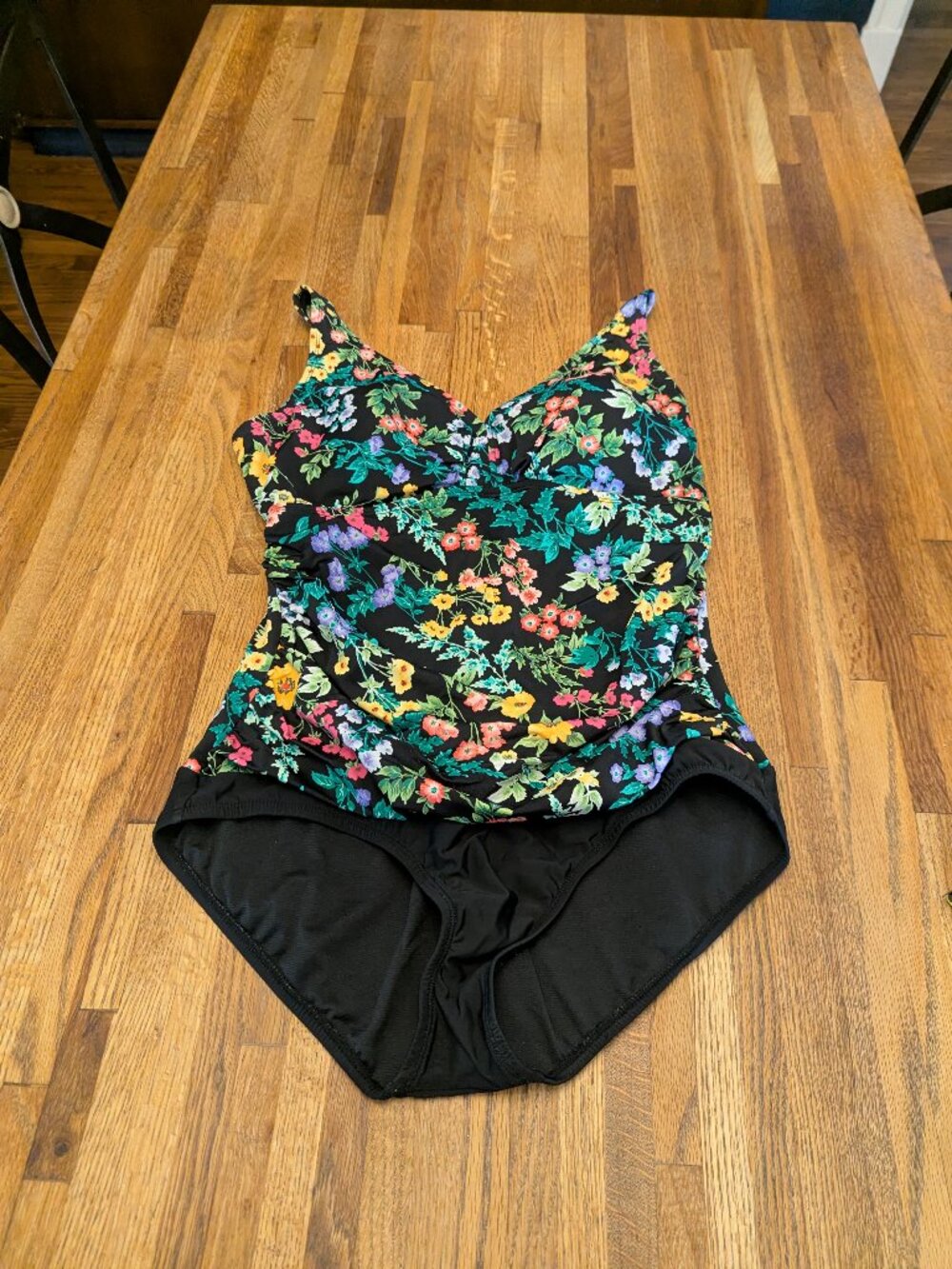 Pretty Colorful Floral on Black One Piece Bathing Swim Suit Size 16